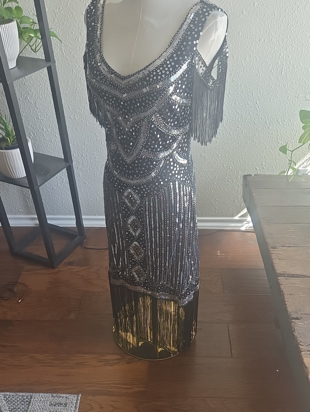 Sequined Fringe Evening Sheath Dress - Black & Silver